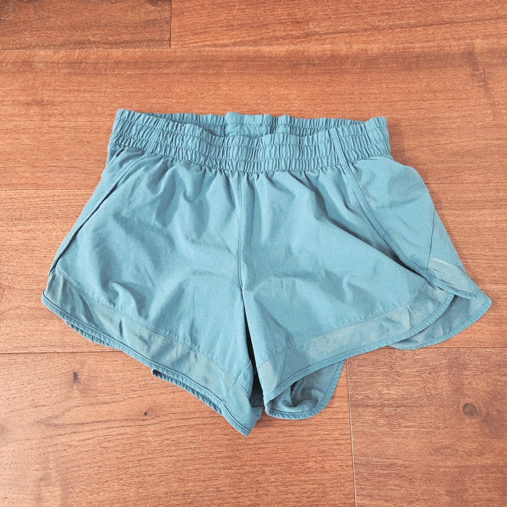 Athleta Mesh Racer Run Shorts Teal Blue Smocked Waist Activewear Womens XS